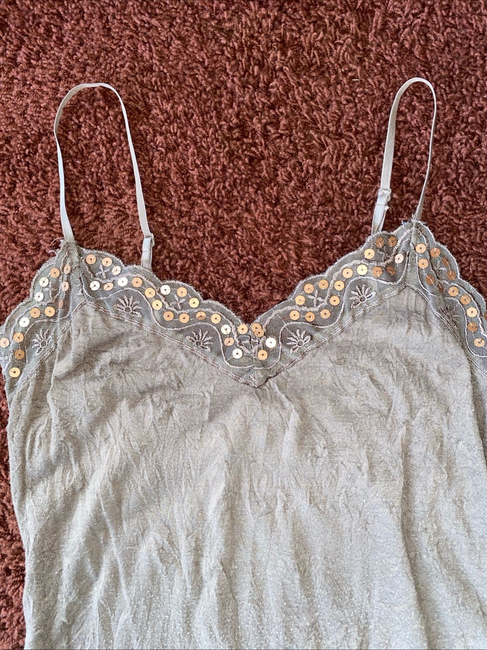 Y2K Weavers Camisole Tank Top Sz S Lace Sequin Crinkle Brown Boho Fairy Grunge - Picture 2 of 9